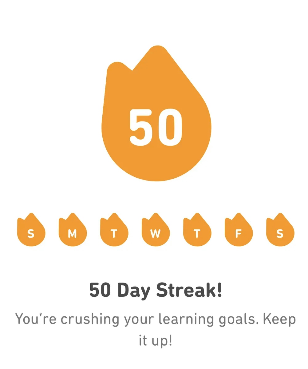 50-day streak in Duolingo